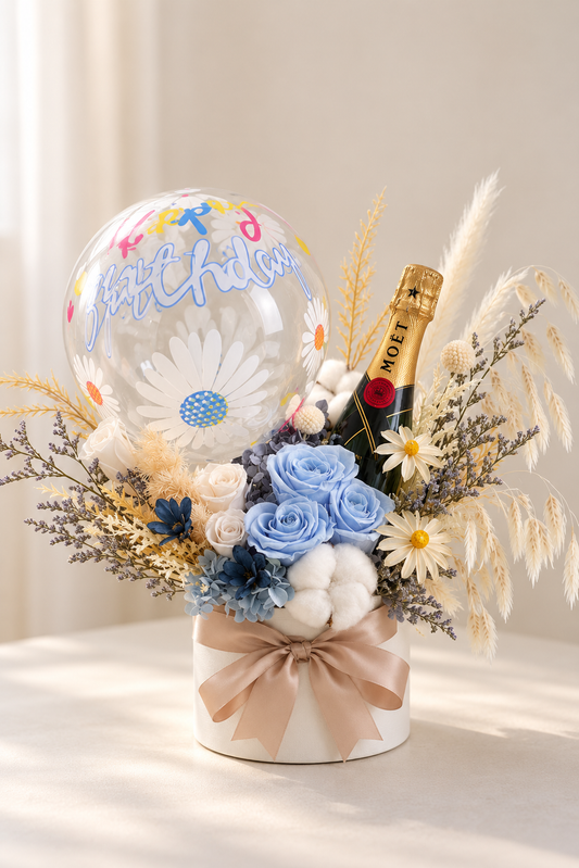 Blue Bliss Birthday Flower Box with Mini Champagne & Balloon