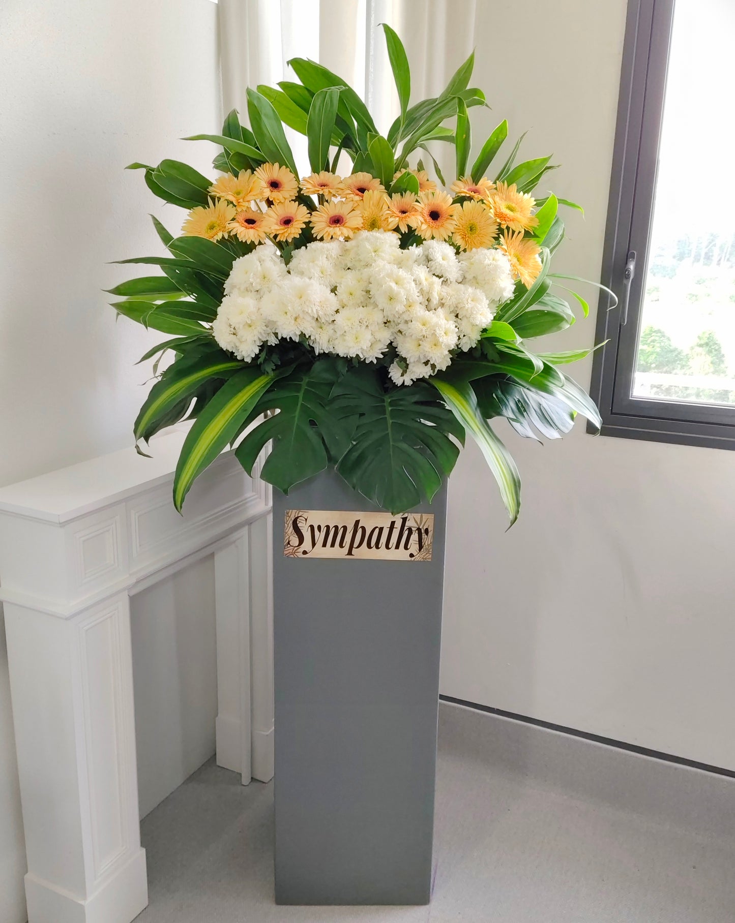 Condolence Flower Stand | Sympathy & Funeral Flowers | White Chrysanthemum & Champagne Gerbera