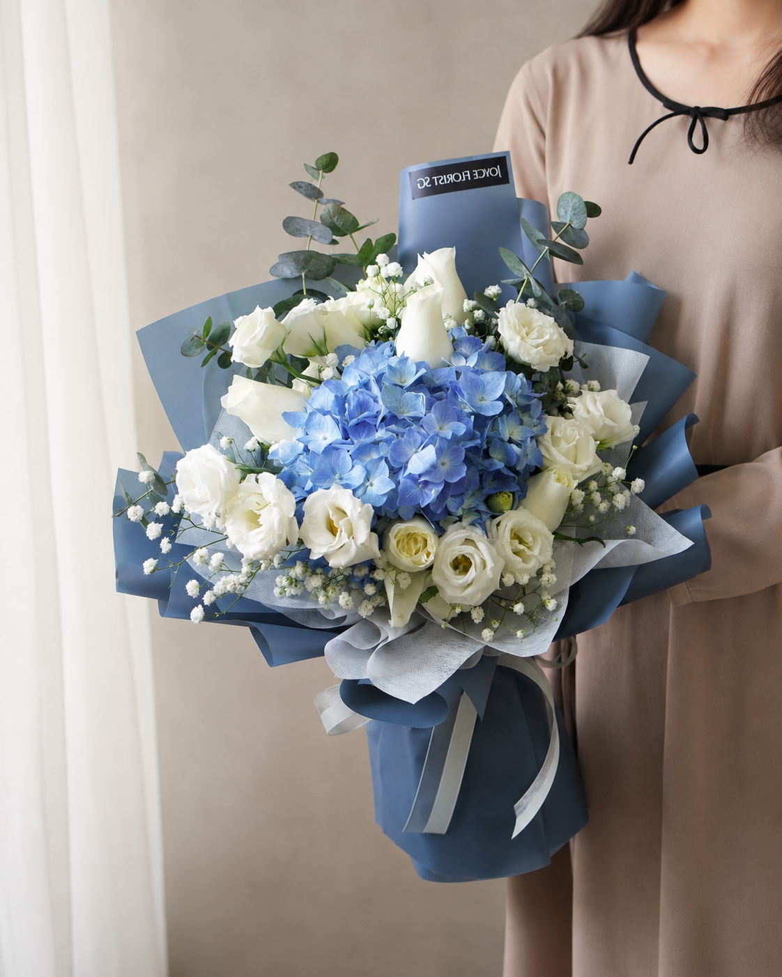Blue Hydrangea & White Rose Bouquet