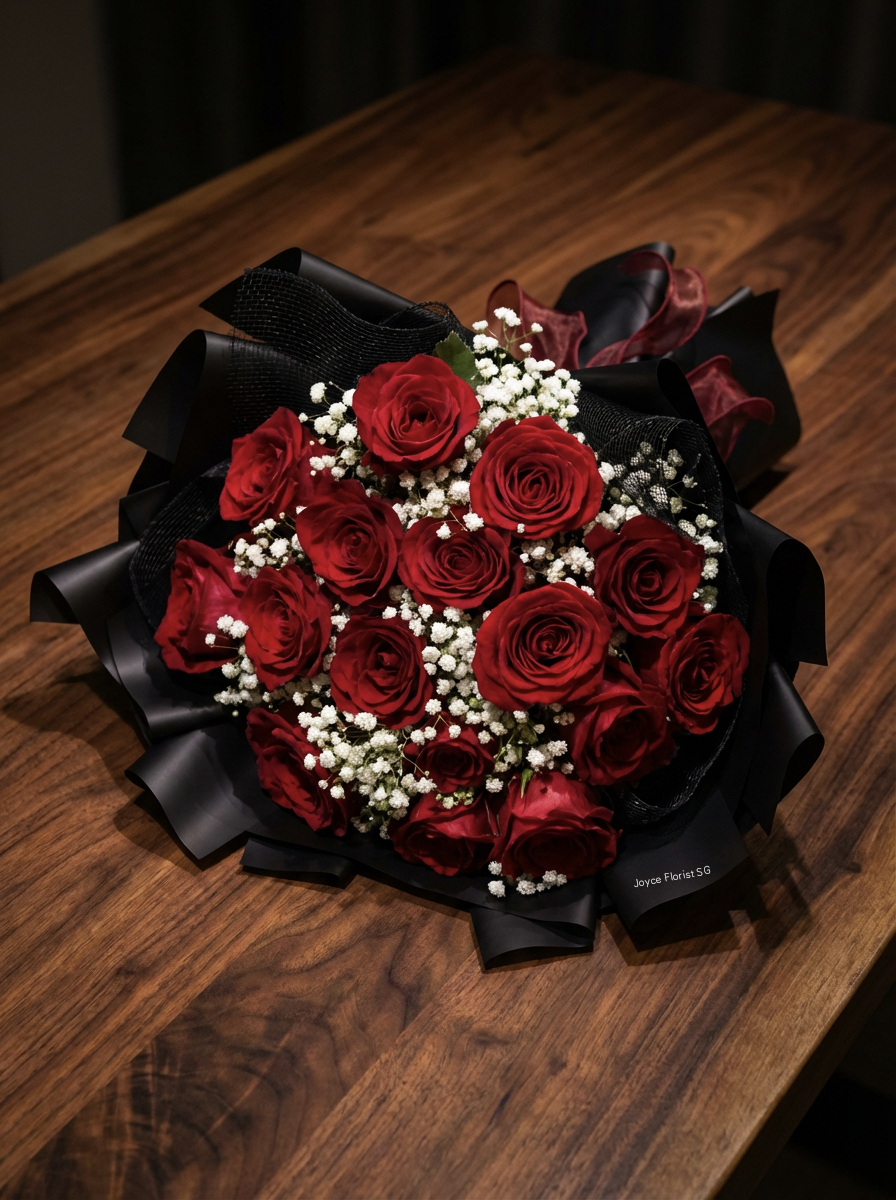 Valentine's Day Rose Flower Bouquet - 18 Red Rose & Baby Breaths