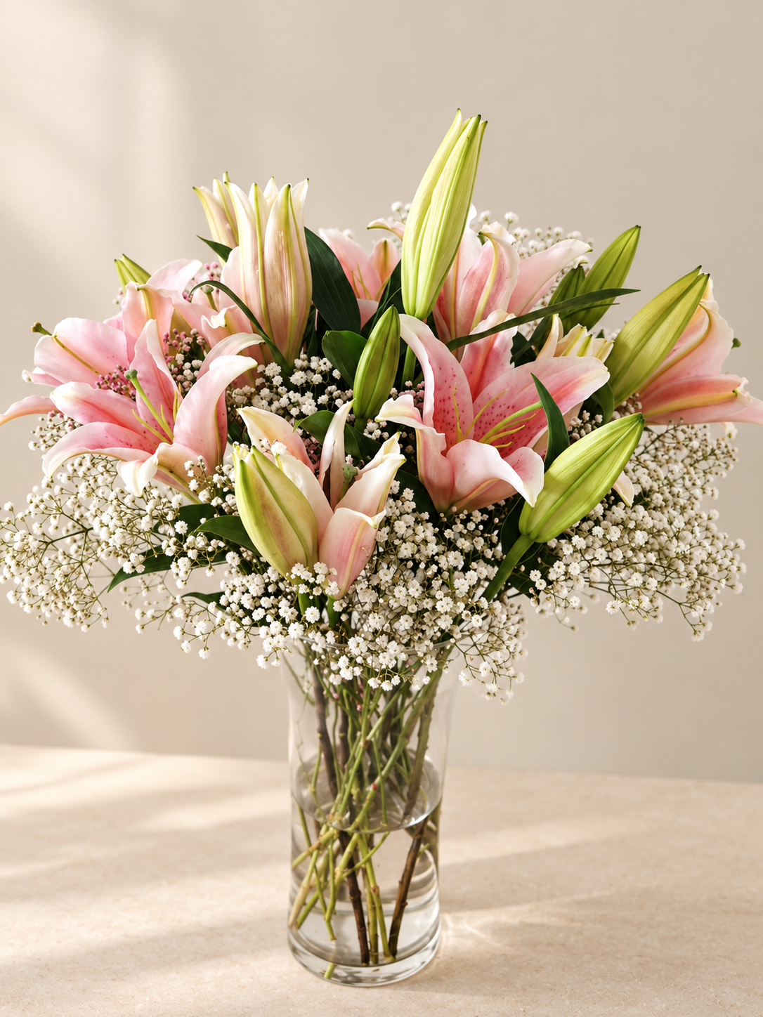 Blush Lily & White Baby’s Breath Vase Arrangement