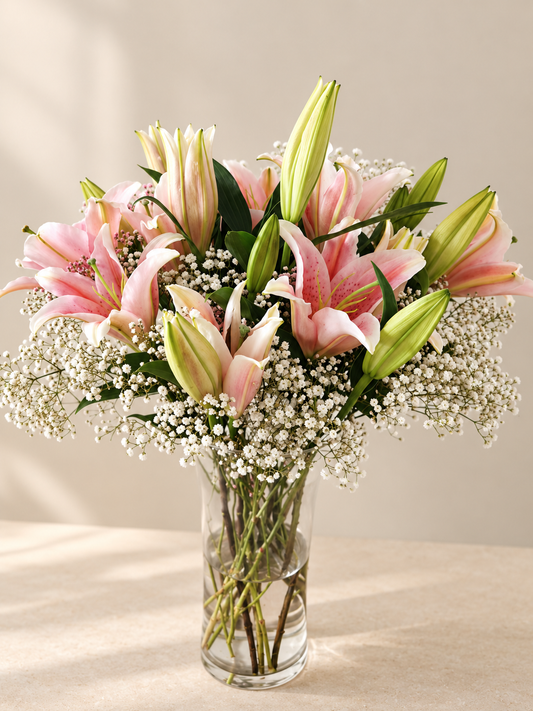 Blush Lily & White Baby’s Breath Vase Arrangement