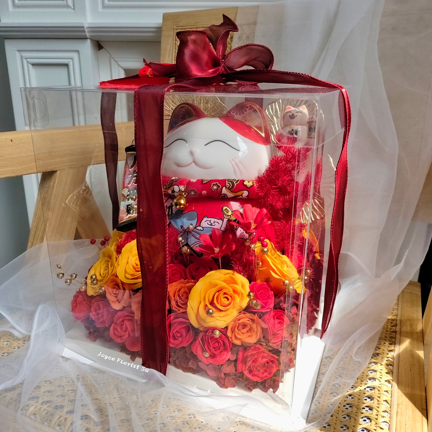 Lucky Cat Opening Flower Box - 招财猫 (Red)