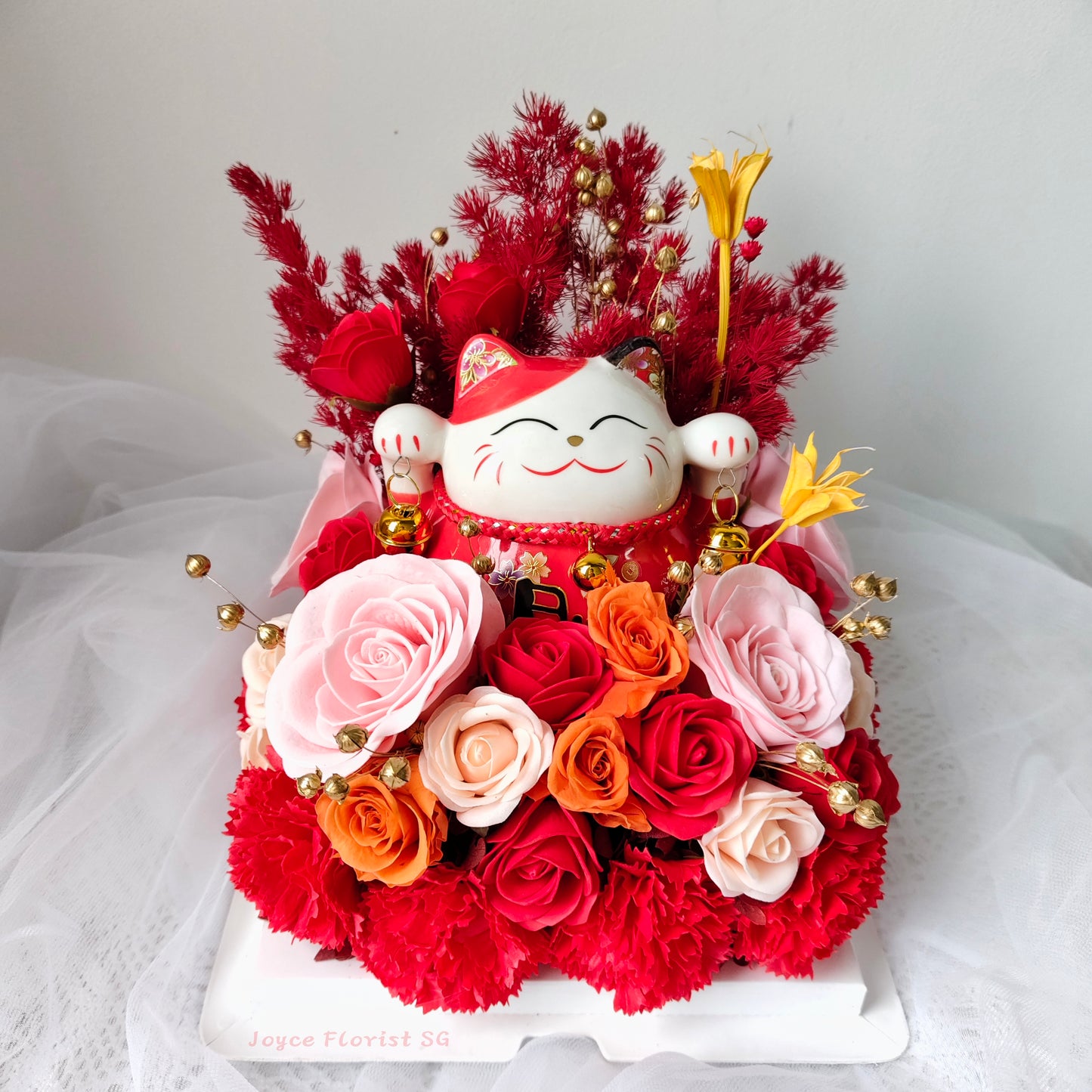 Lucky Cat Opening Flower Box - 招财猫（Right Red)