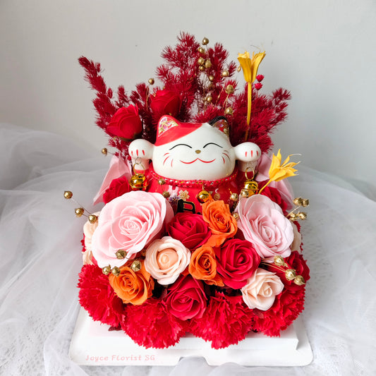 Lucky Cat Opening Flower Box - 招财猫（Right Red)