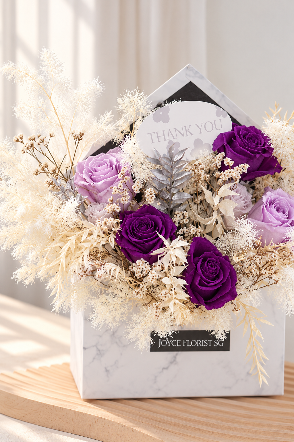 Envelope Floral Arrangement - Preserved Purple Roses