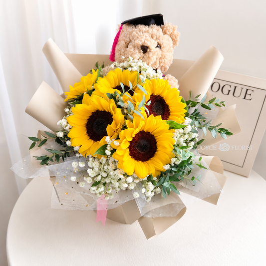 Graduation Teddy Bear Fresh Flower Bouquet - 5 Sunflower