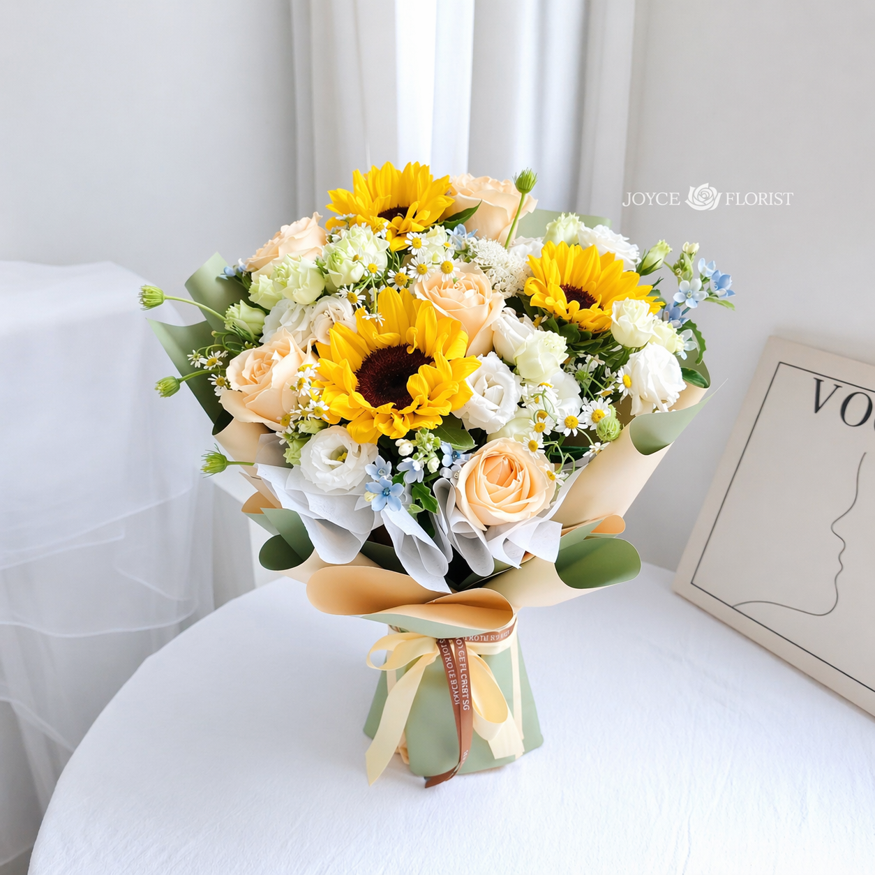 Champagne Rose & Sunflower Fresh flower Bouquet