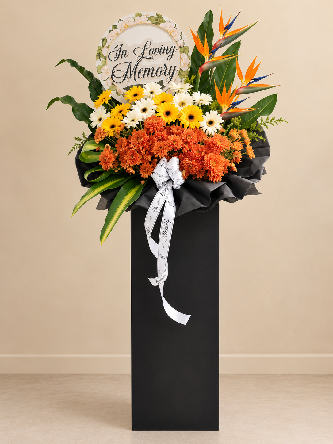 Condolence Flower Stand | Sympathy & Funeral Flowers | Orange Chrysanthemum, Yellow & White Gerbera