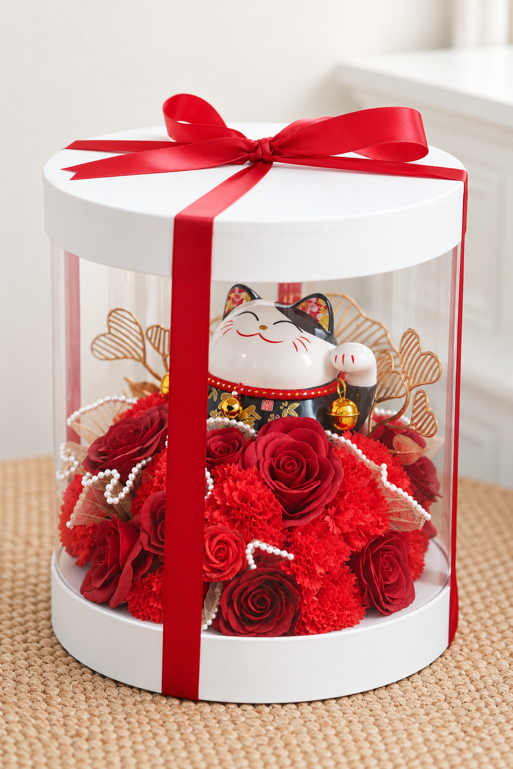 Prosperity Lucky Cat Opening Flower Box - 招财猫 ( Red )