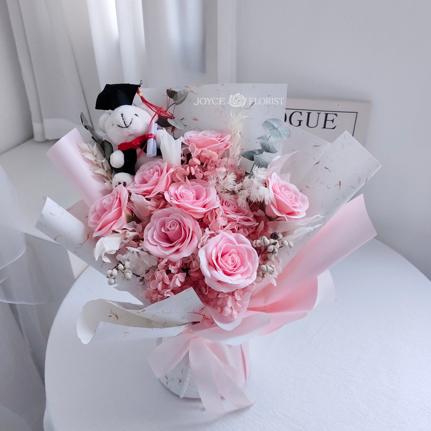 Pink Soap Rose With Graduation Bear Flower Bouquet