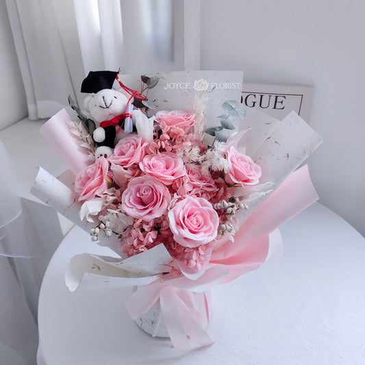 Pink Soap Rose With Graduation Bear Flower Bouquet