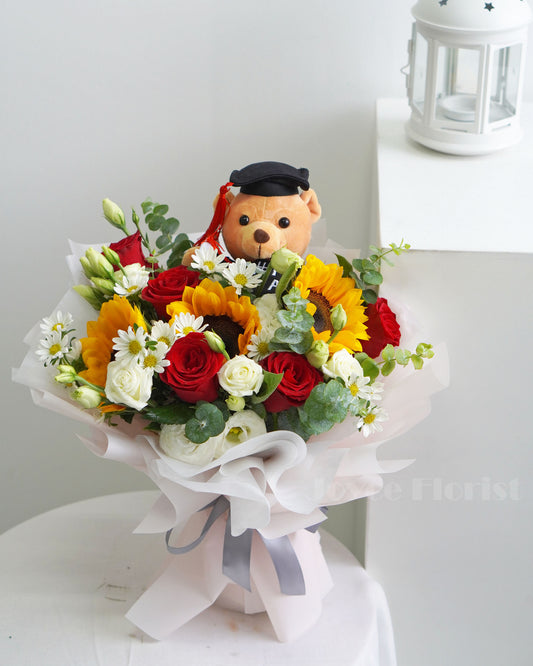 Sunflower Graduation Bouquet With Bear - Sunflower & Rose